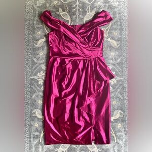 Oleg Cassini Pink Short Off-the-Shoulder Stretch Satin Ruffle Cocktail Dress